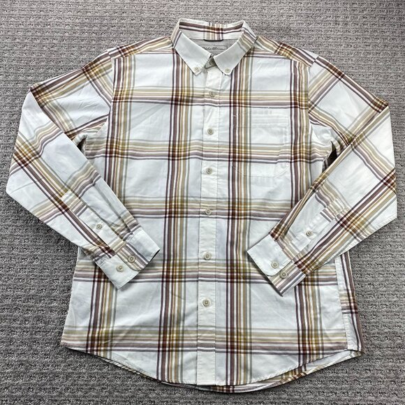 Eddie Bauer Plaid Shirt Men Medium M Brown Button Down Long Sleeve Polo Preppy - Picture 1 of 10